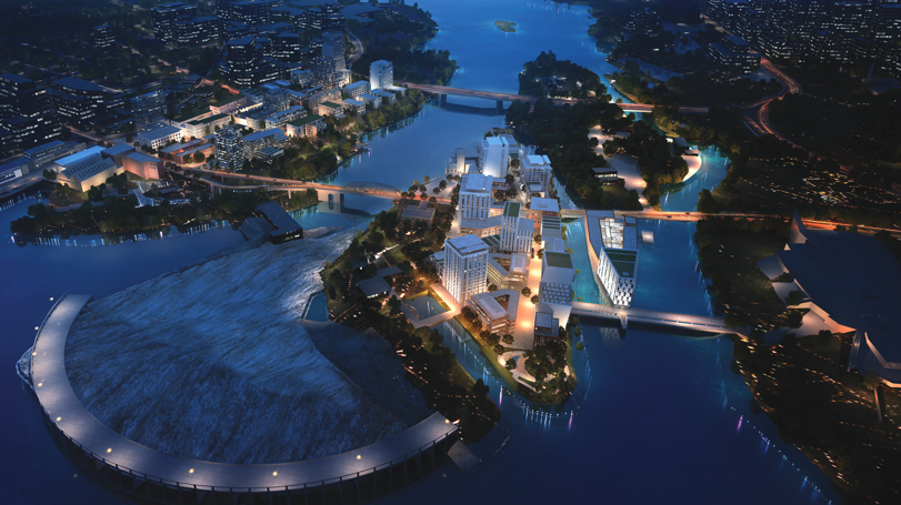 Aerial rendering of entire Zibi community including Chaudiere Falls and bridges connecting Ontario and Quebec