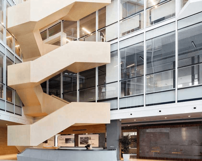 Geometric wooden stairs inside an office building.
