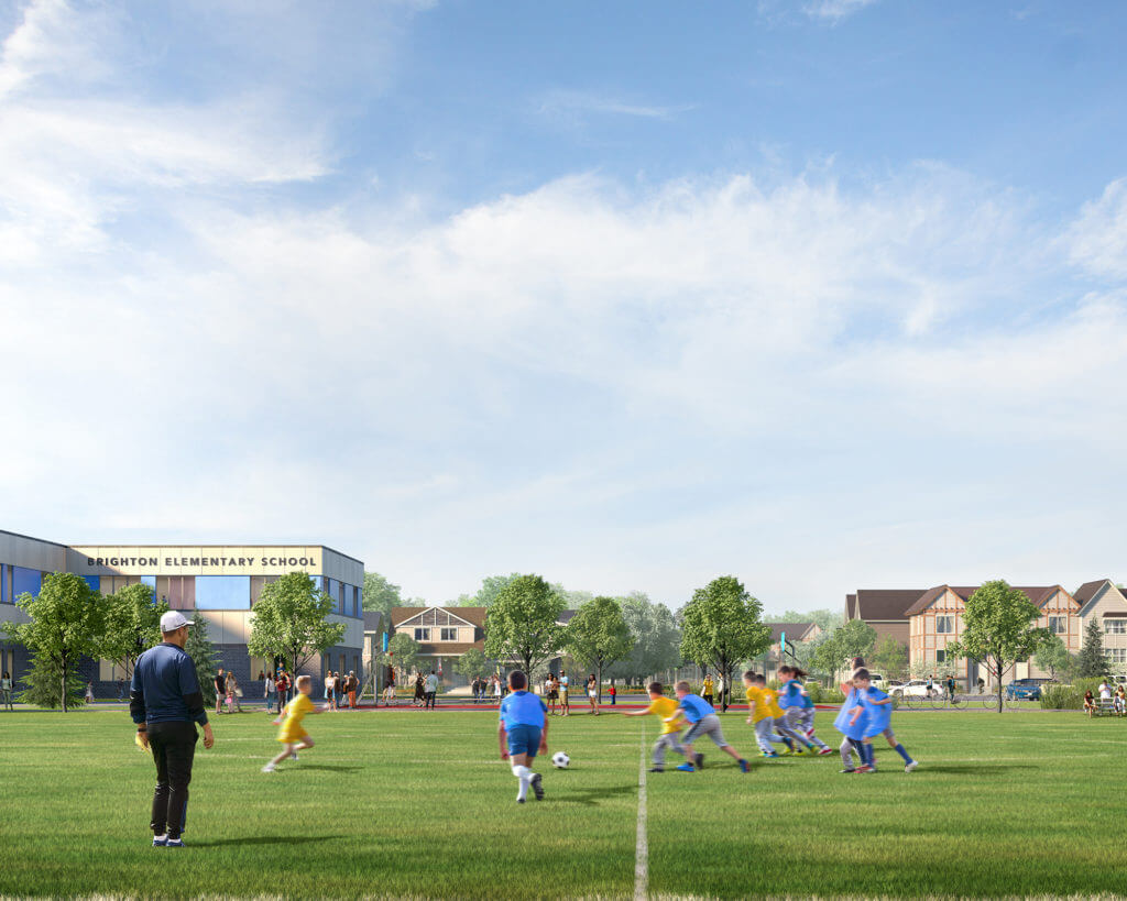 Rendering of a group of school children playing a game of soccer at Brighton Elementary School's field