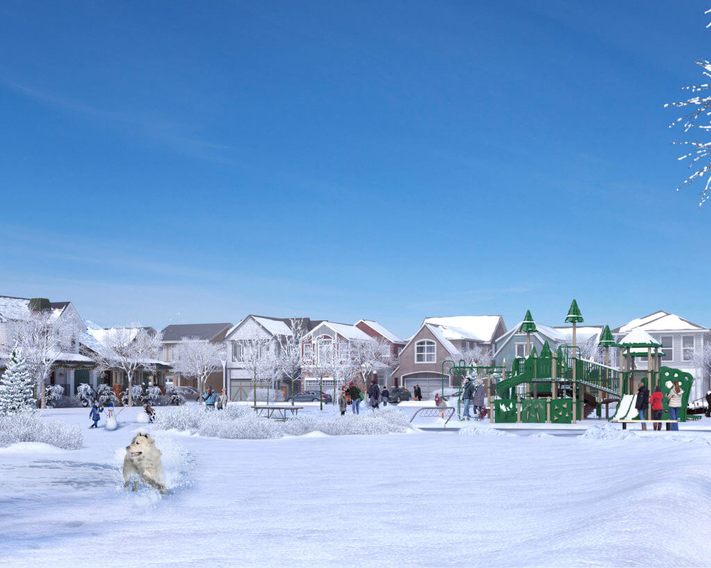 Rendering of Bear Park in the winter with a dog running across Brighton