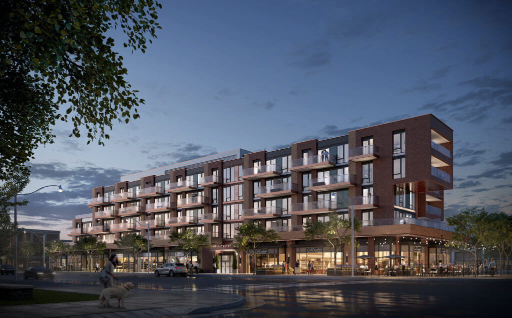 Dusk rendering of building showcasing retail and residential floors Brightwater