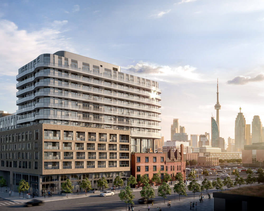 Rendering of condo building with Toronto skyline and CN tower in background Canary District