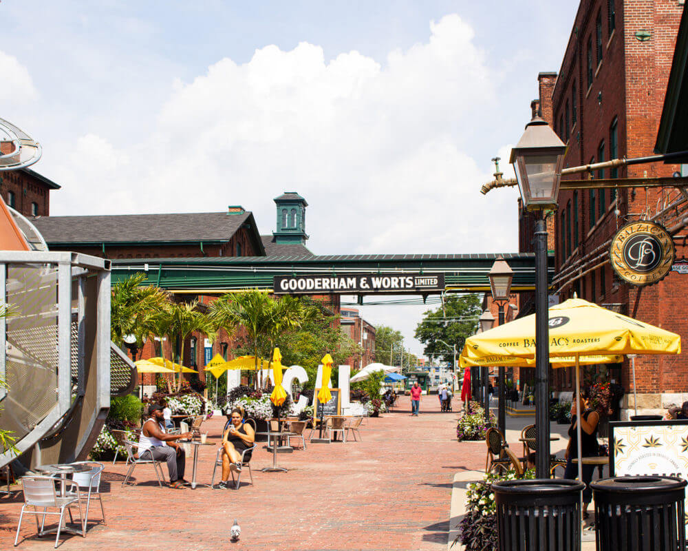 Daytime view of street lined with shops and people eating on patios The Distillery District