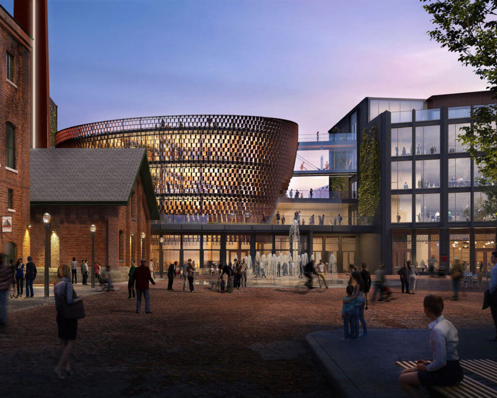 Dusk rendering of building with people walking around The Distillery District