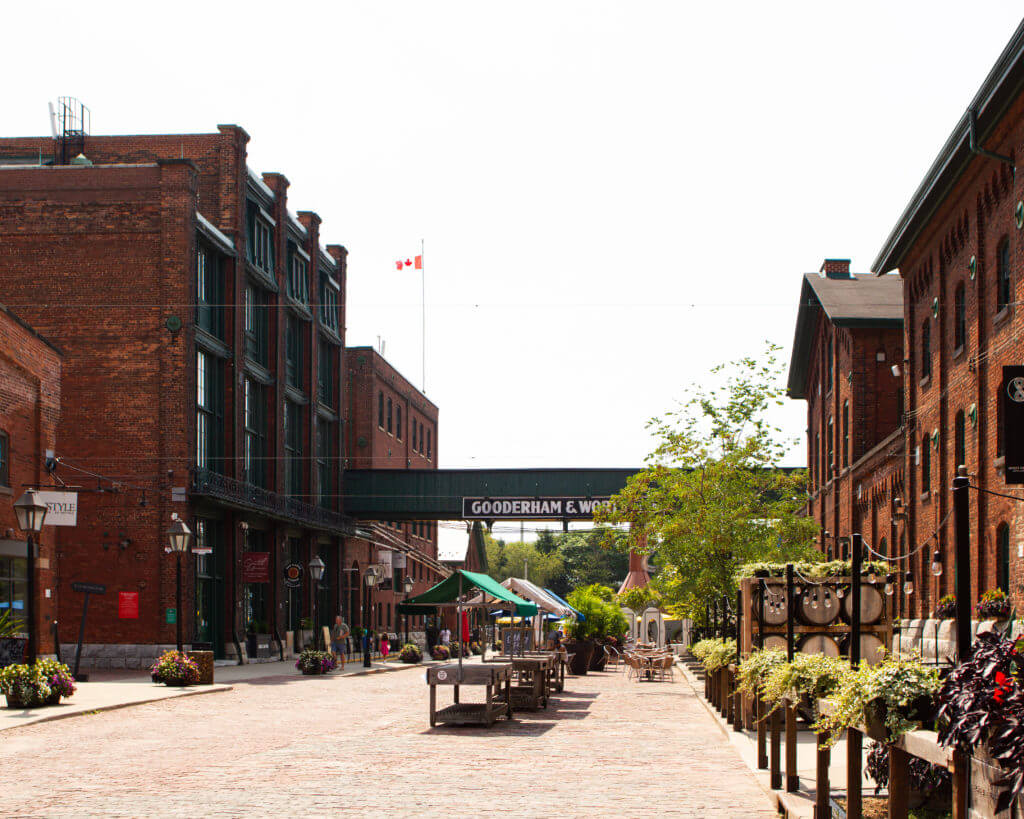 Photos of patio lining Trinity St. at The Distillery District
