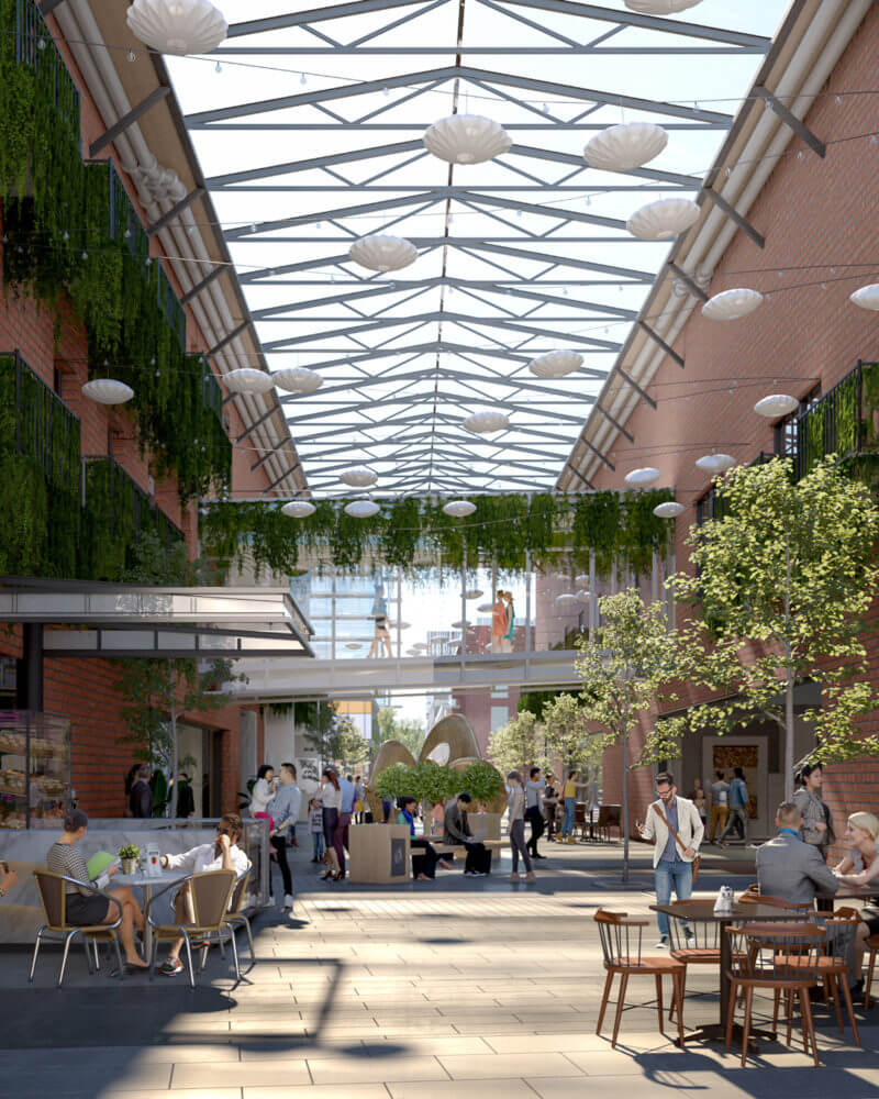 Rendering of atrium with diners and people walking around