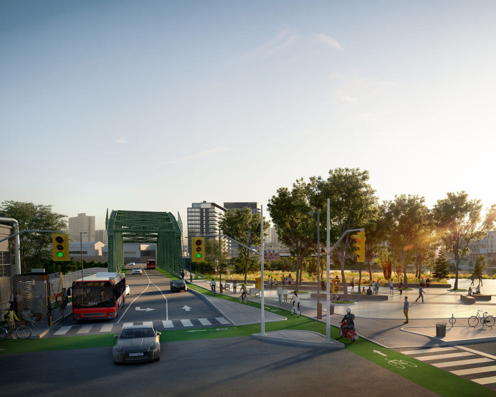 Rendering of street intersection with park Zibi