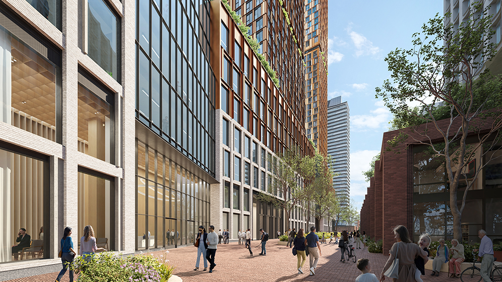 Rendering of residential buildings in Canary Landing, a wide walking path to the right, a long angular building with retail to the left.