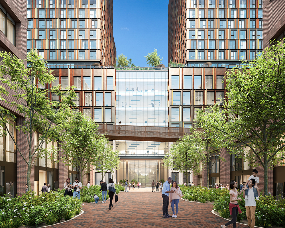 Rendering of residential buildings in Canary Landing, a wide walking path through the centre, two tall windowed buildings with a bridge walking path connecting the two towers through the centre.