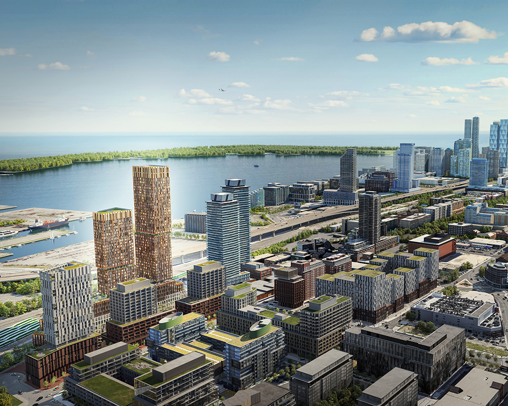 Aerial rendering of Toronto's Downtown East including Canary Landing and the Canary District, showing future plan for the area.