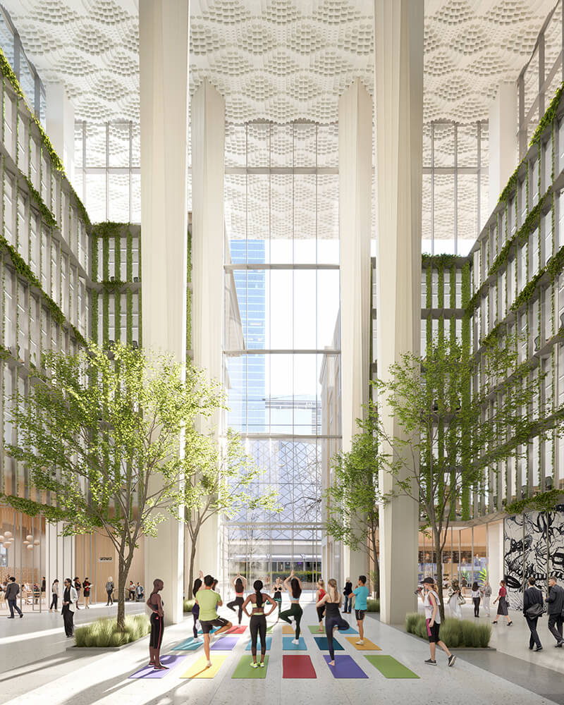 Interior rendering of people enjoying a yoga class in 212 King St. West atrium.