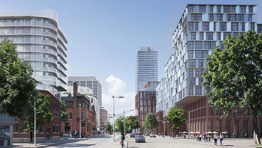 Rendering of Canary Landing, street with people walking and tall windowed residential buildings behind.