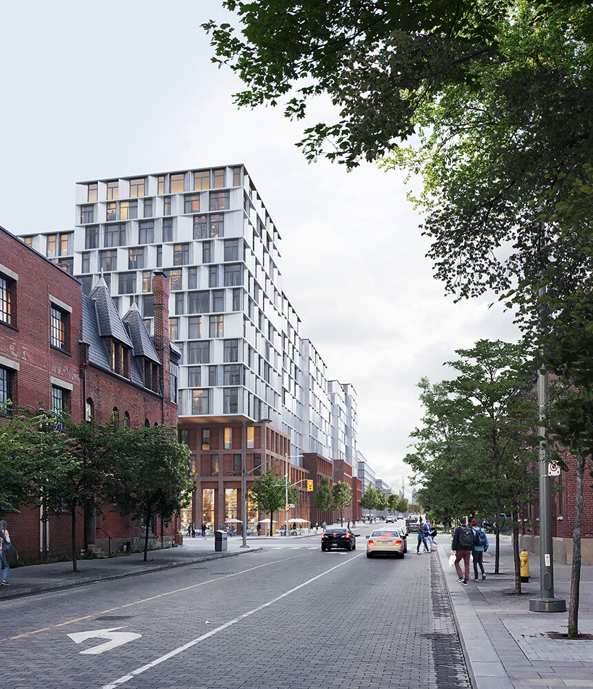 Rendering of Front Street East including the base of Canary House leading into the Block 3,4 and 7 development at Canary Landing. Tall windowed buildings with retail at the base.