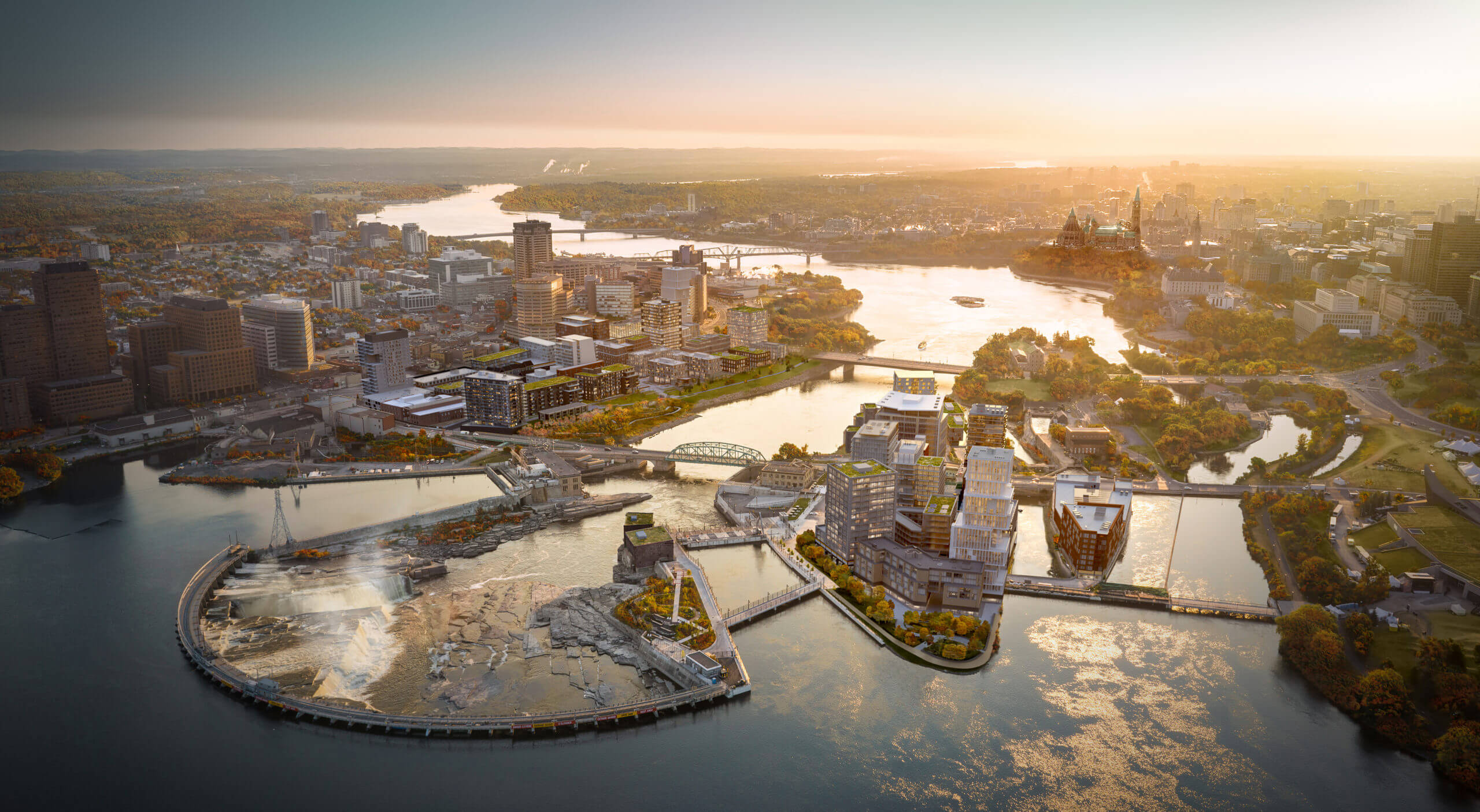 Aerial photo of Zibi Community includes river and bridge between Ottawa and Gatineau.