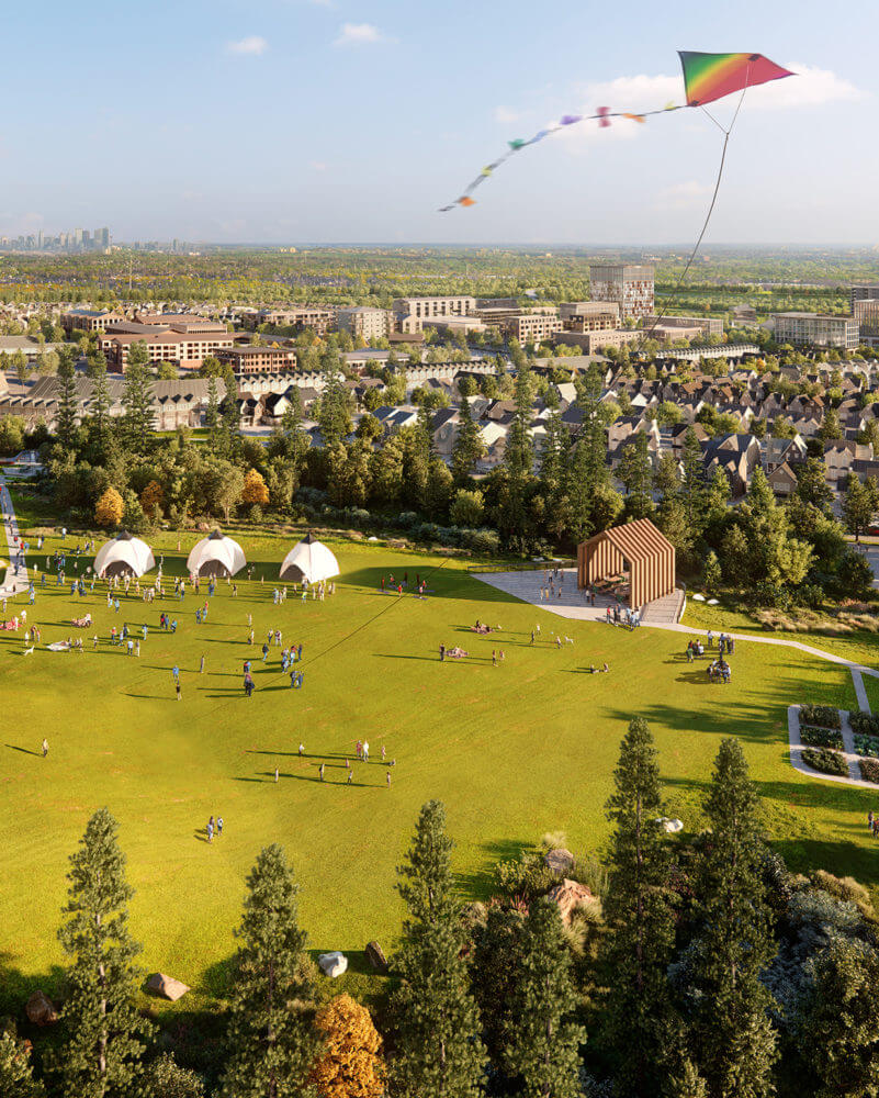 Aerial view of park with kite flying high Alpine Park