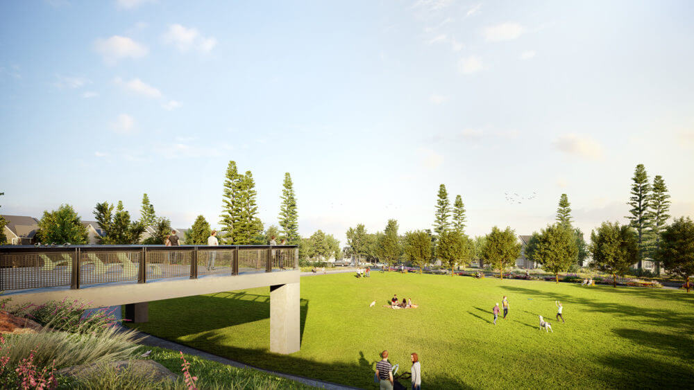 Rendering of park with people walking around and homes in the background Alpine Park