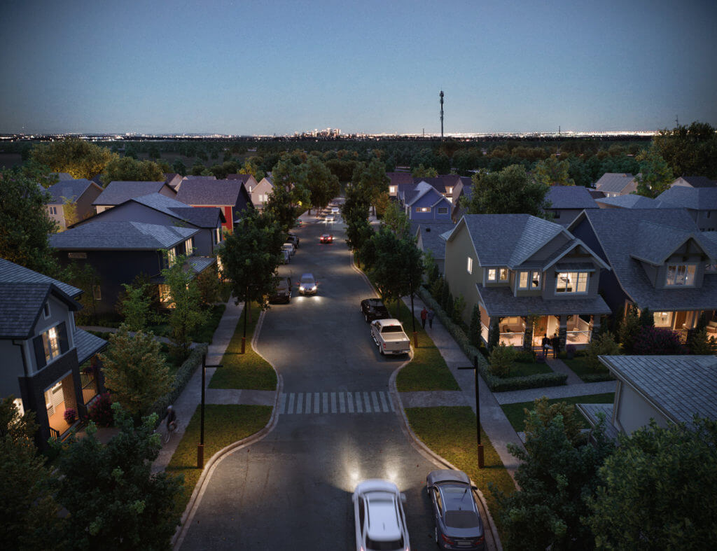 Nighttime rendering of homes lining a street Alpine Park