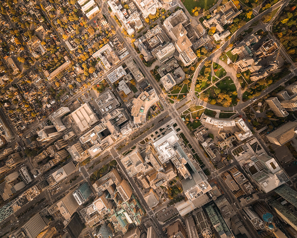 Bird's eye view of the Toronto city core highlighting University Ave.