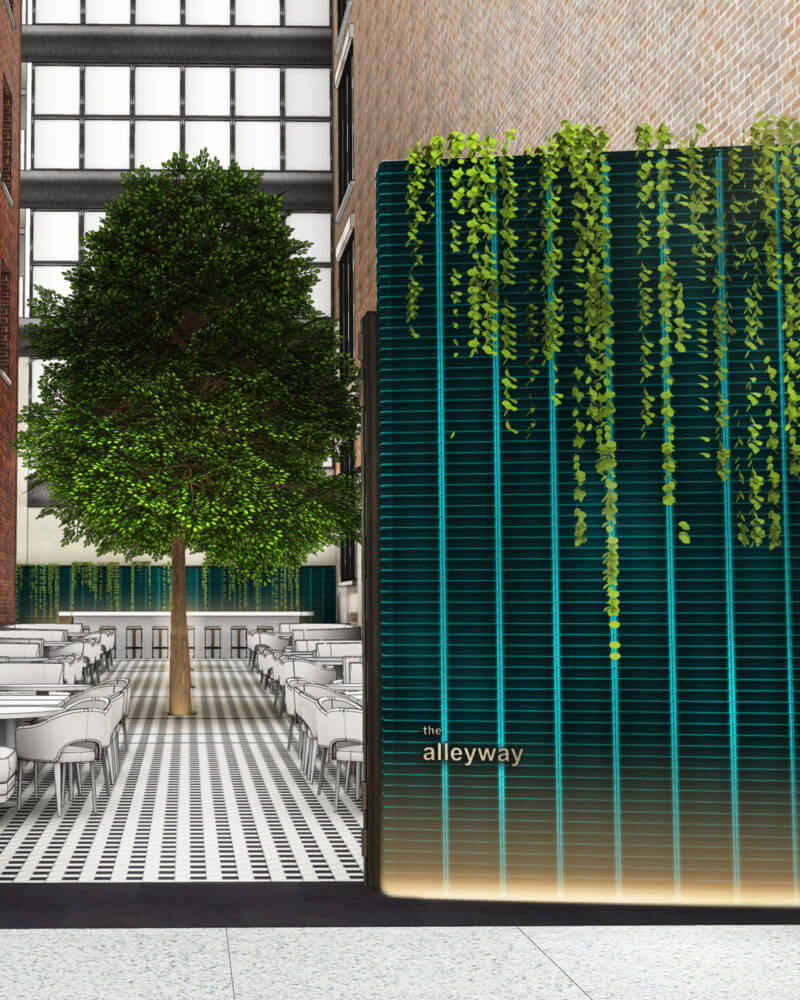 rendering of Richmond St. entrance - The Alleyway with bright greenery and tables and chairs inside