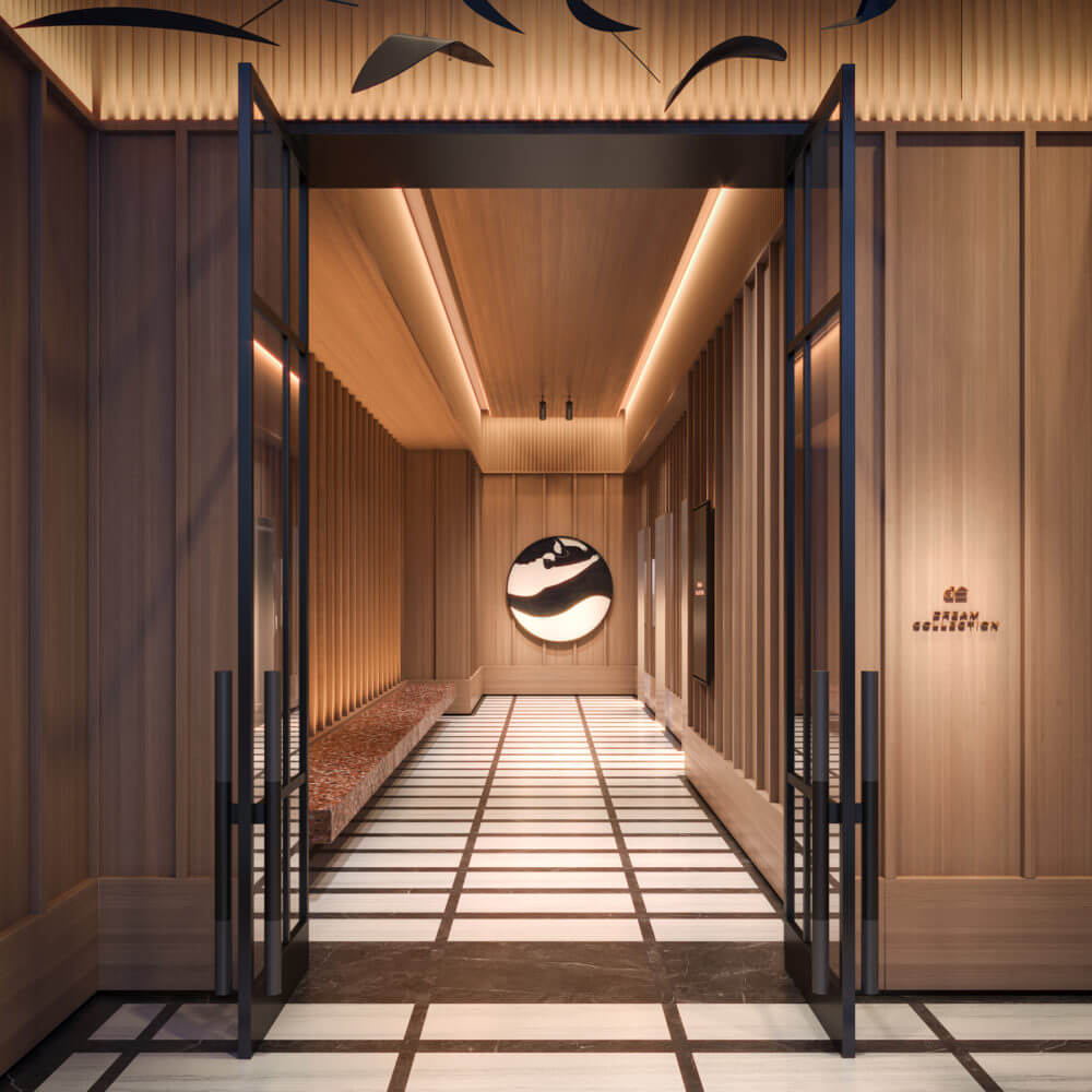 rendering of lobby at 360 Bay St. showing its wooden exterior entrance leading up to the elevators