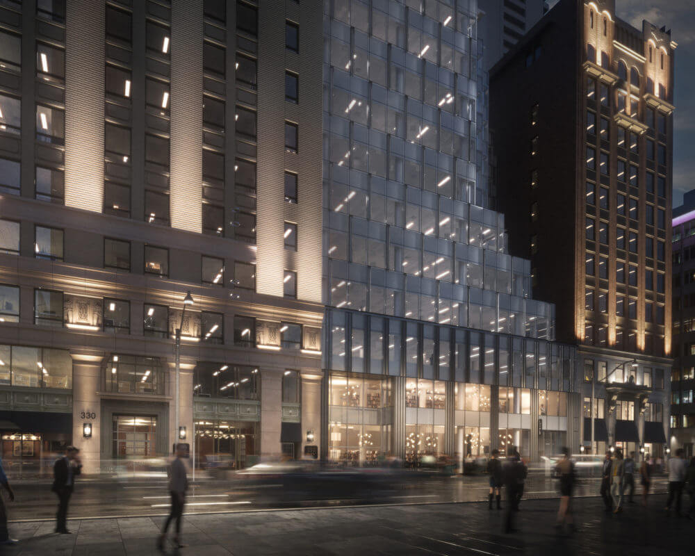 nighttime rendering of 330, 350 and 360 Bay St. with people walking by street in toronto's financial district.