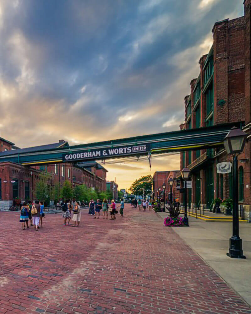 Sunset image of the brick walkways in the distillery district with people walking and enjoying their surroundings