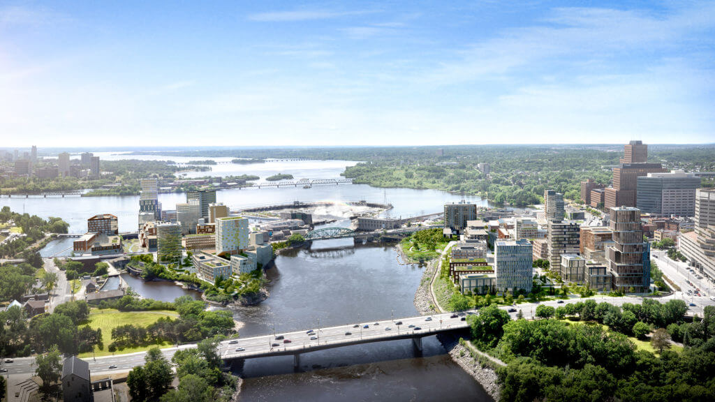 Aerial photo of Zibi Community includes river and bridge between Ottawa and Gatineau.