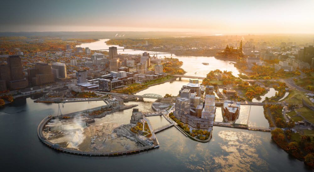 Aerial rendering of entire Zibi Community includes river and bridge between Ottawa and Gatineau.