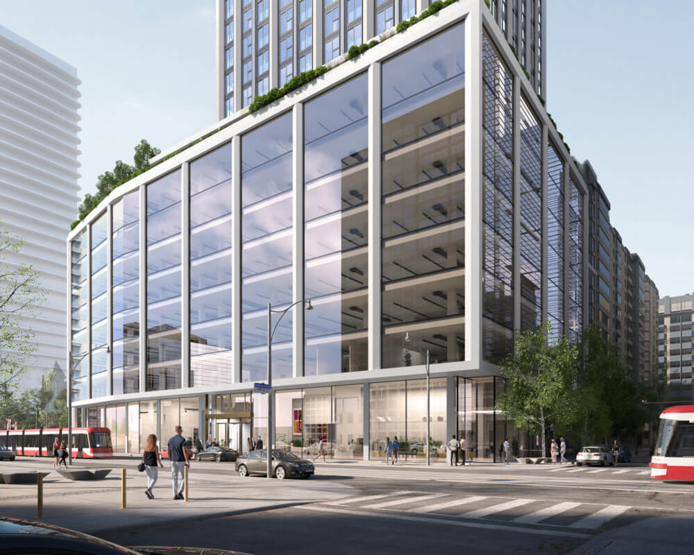 Close up rendering of Dream Office's 250 Dundas St. with people crossing the street and TTC cars passing by.