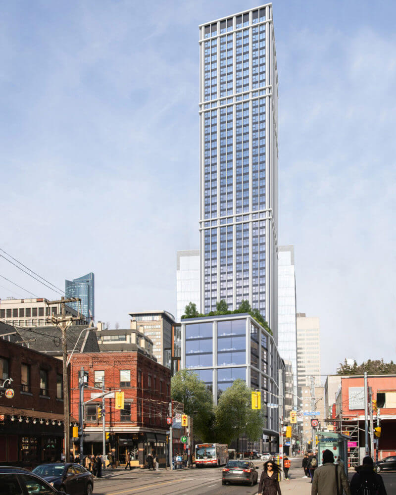 Rendering of Dream Office's 250 Dundas Street West building immersed within the busy streets of Downtown Toronto