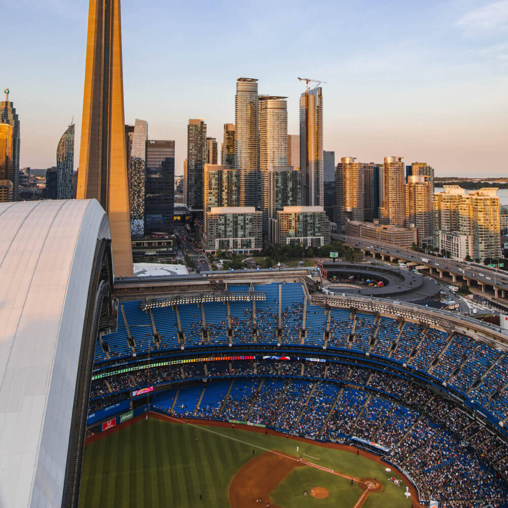Aerial shot of Rogers Centre showing the baseball field