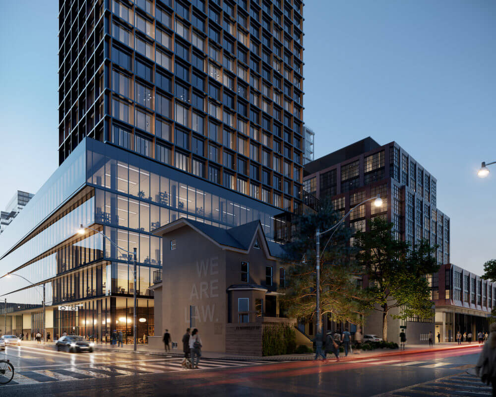 Nighttime rendering of 49 Ontario St. with streetlights and people outside