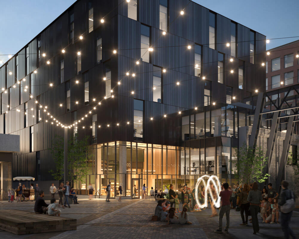 Nighttime rendering of Zibi Block 207 with twinkling lights and people in the courtyard.