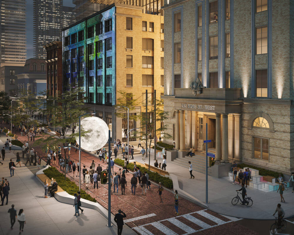 Aerial view rendering over King street in Toronto showing 212 King Street West facade and pedestrian traffic taking over the street.