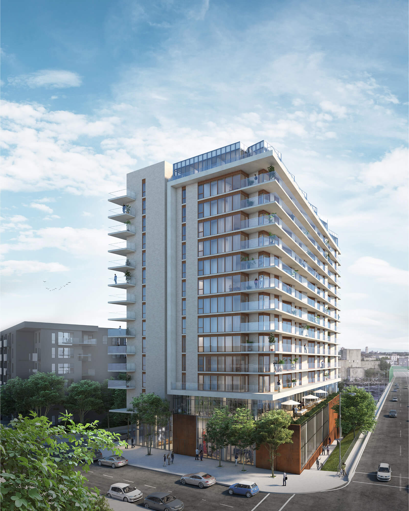 Aerial Rendering of a building on Block 10 in the Zibi community located in Gatineau, QC