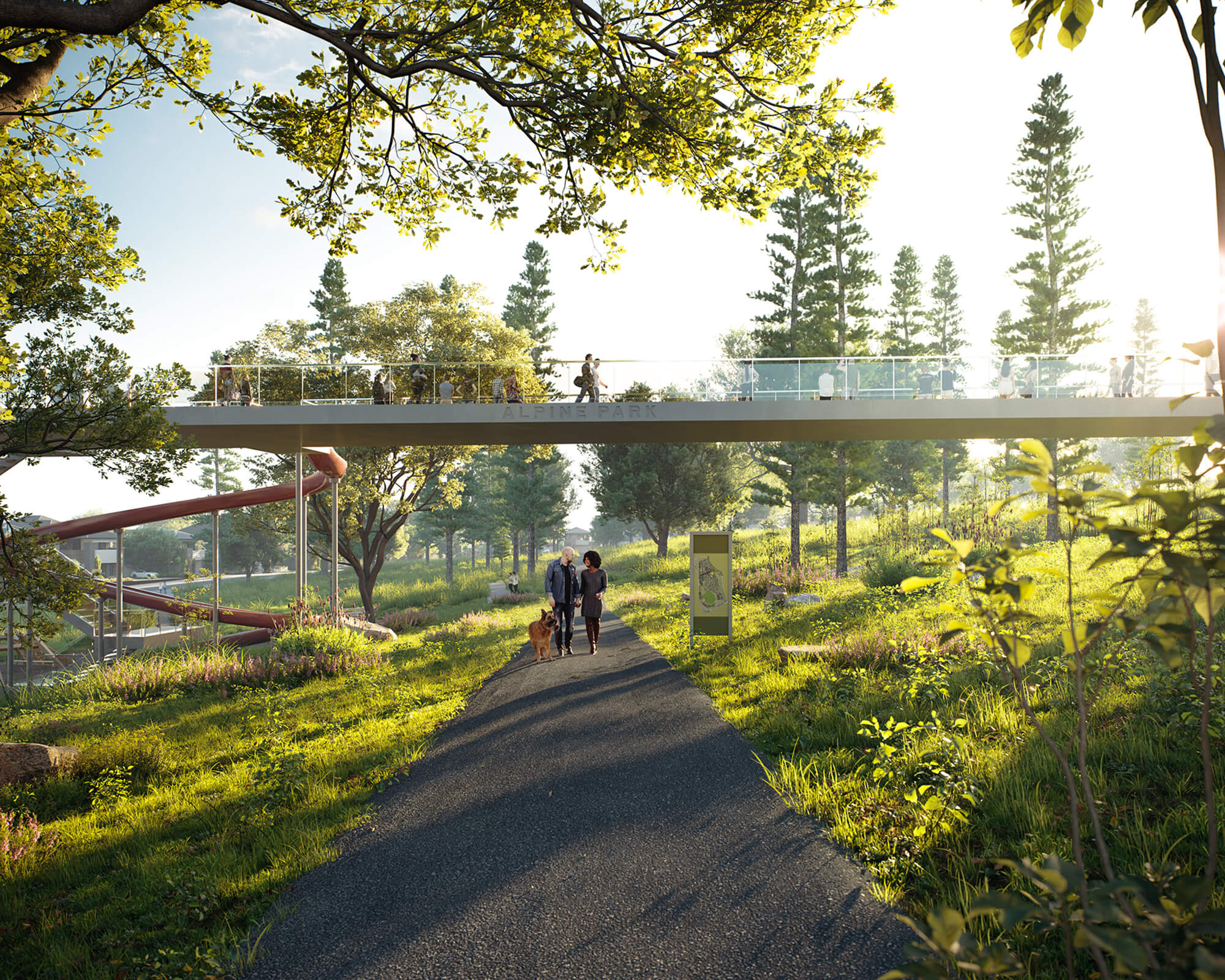 rendering of two people walking down a pathway in Alpine Park, Calgary, AB.