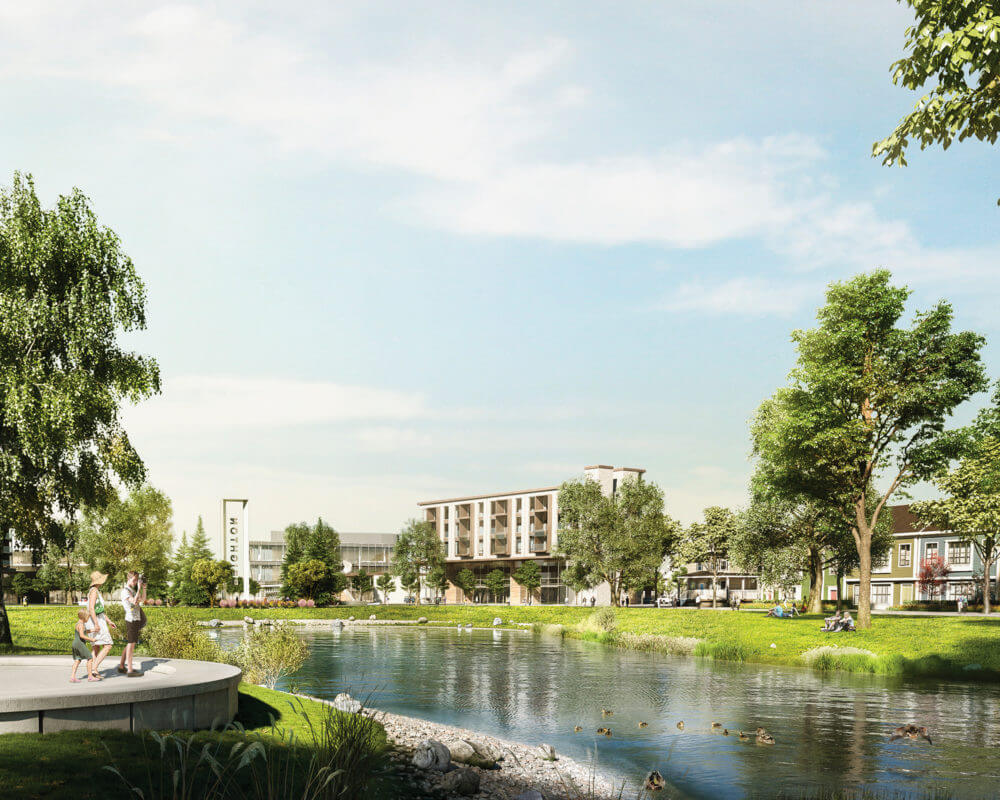 Rendering of Brighton Village Rentals showcasing people enjoying a sunny day by the pond.
