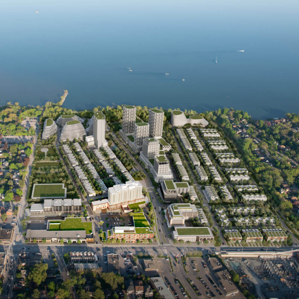 Aerial Rendering of entire Brightwater Community in Port Credit Ontario showing lakefront views and green rooftops.