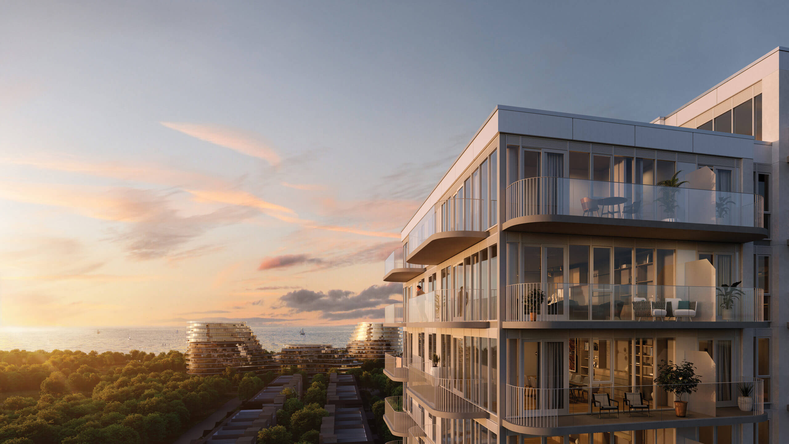 pink skies aerial rendering of Brightwater condos in Mississauga, ON.