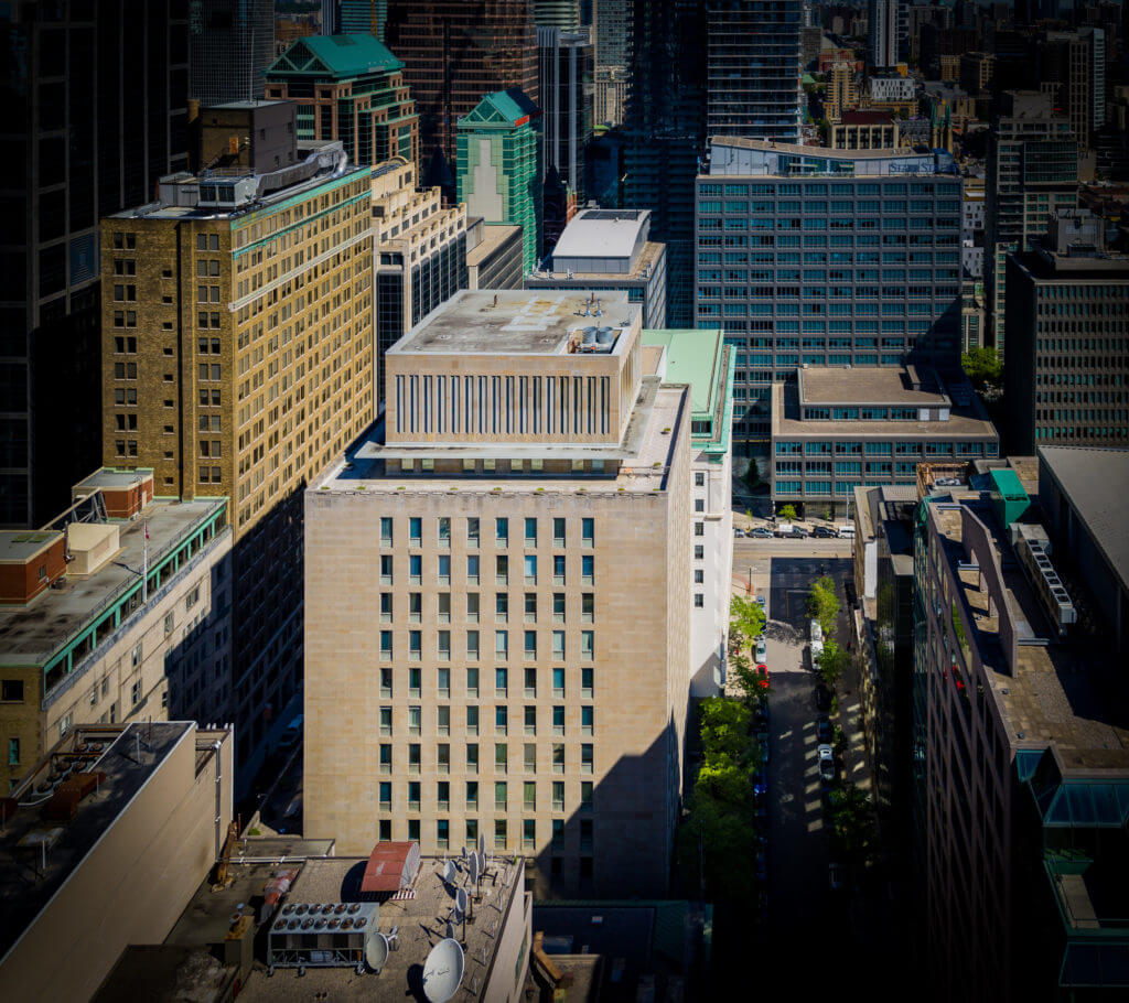 Aerial photo of the city core featuring an array of Dream Office REIT's assets; 20 and 36 Toronto Street beside 30 Adelaide Street.