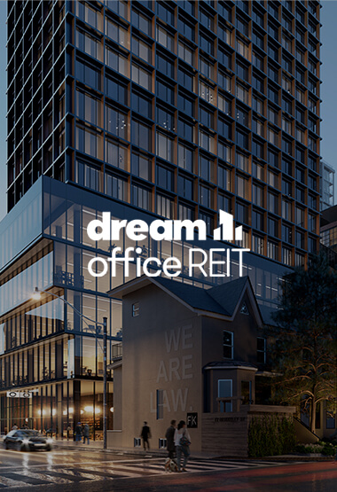 Nighttime rendering of 49 Ontario Street in Downtown Toronto with Dream Office REIT logo overlay in white.