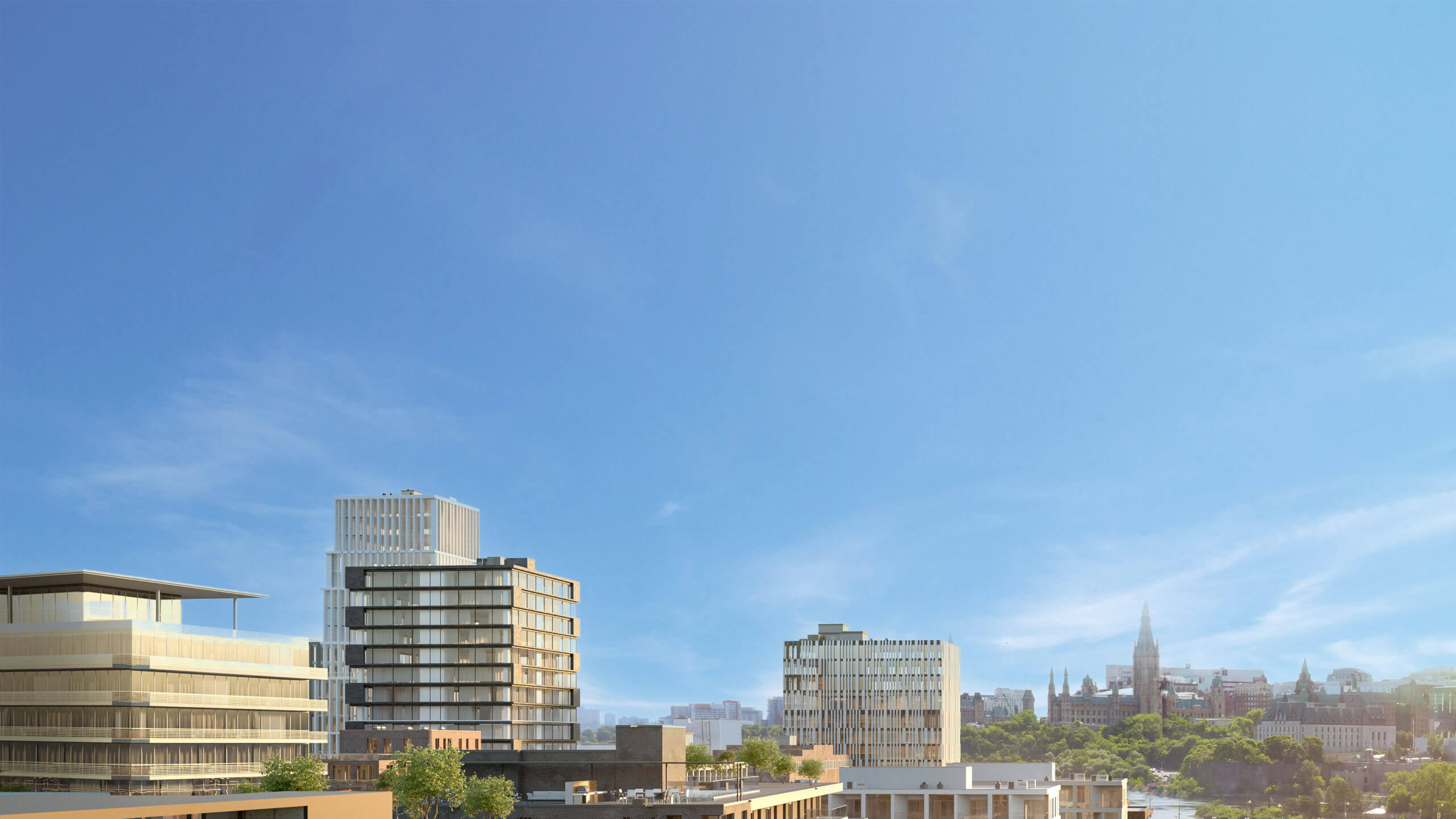 Aerial rendering of entire Zibi Community includes river and bridge between Ottawa and Gatineau.