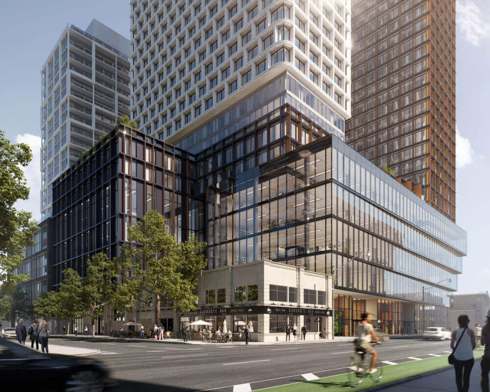 daytime rendering of 49 Ontario St. with greenery on the street and people walking by on the sidewalk