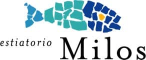 Logo for retailer estiatorio Milos, with a colorful multi blue mosaic fish